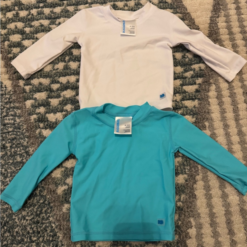 Ruffle Butts Baby Swim Rashguard Set - White and Blue